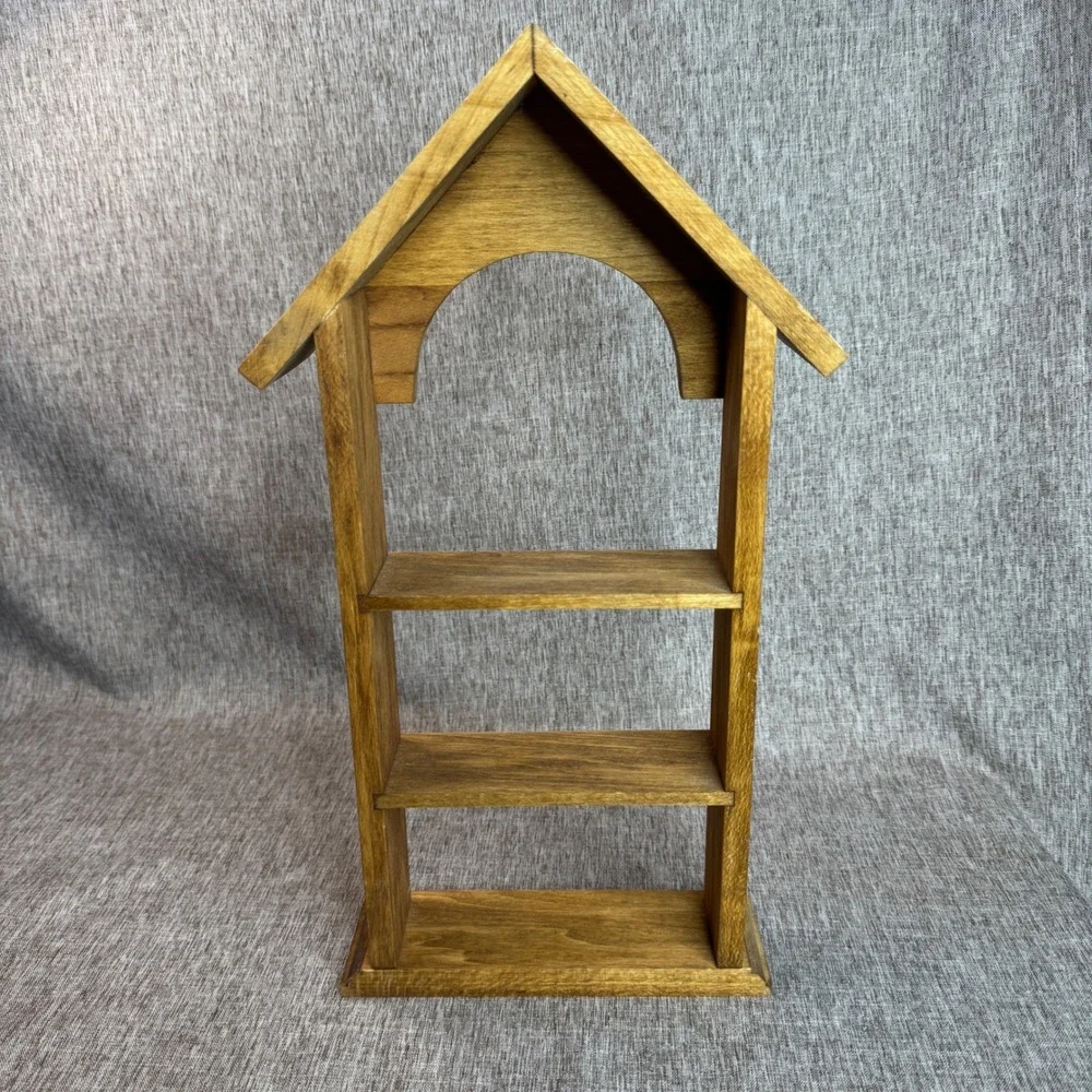 Vintage Wooden House Display Shelf 3 Tier Brown Stained Trinket Curio Stand